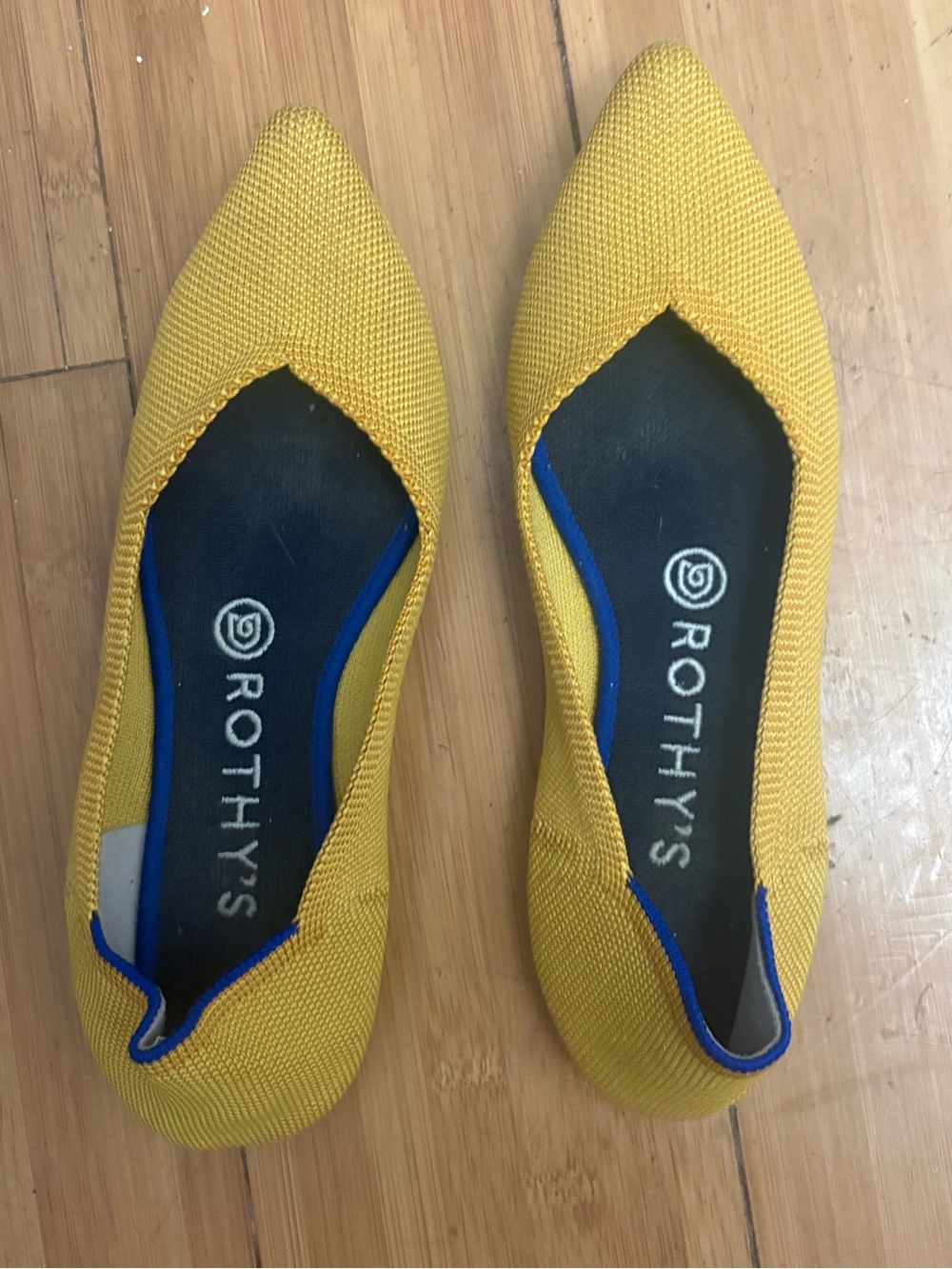 Rothy's Yellow Pointed-Toe Knit Flats with Cobalt Blue Trim